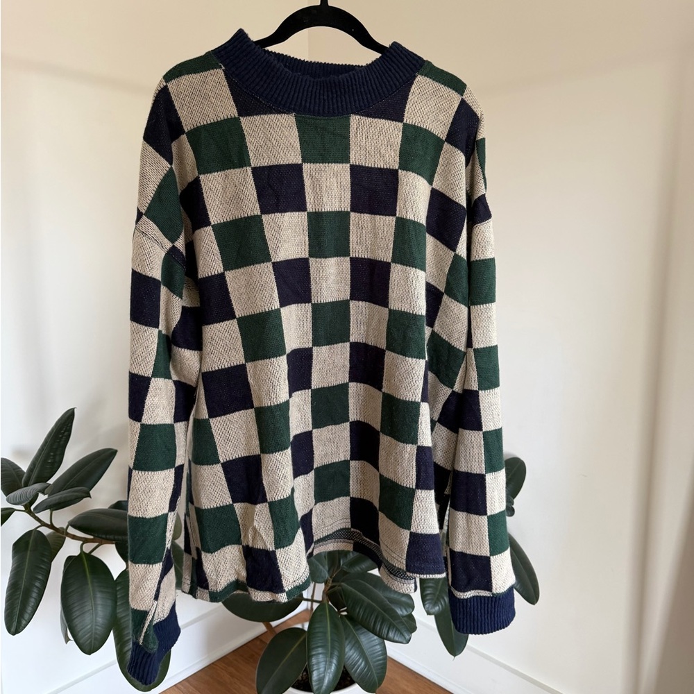 All Play Checkered Sweater Navy and Green